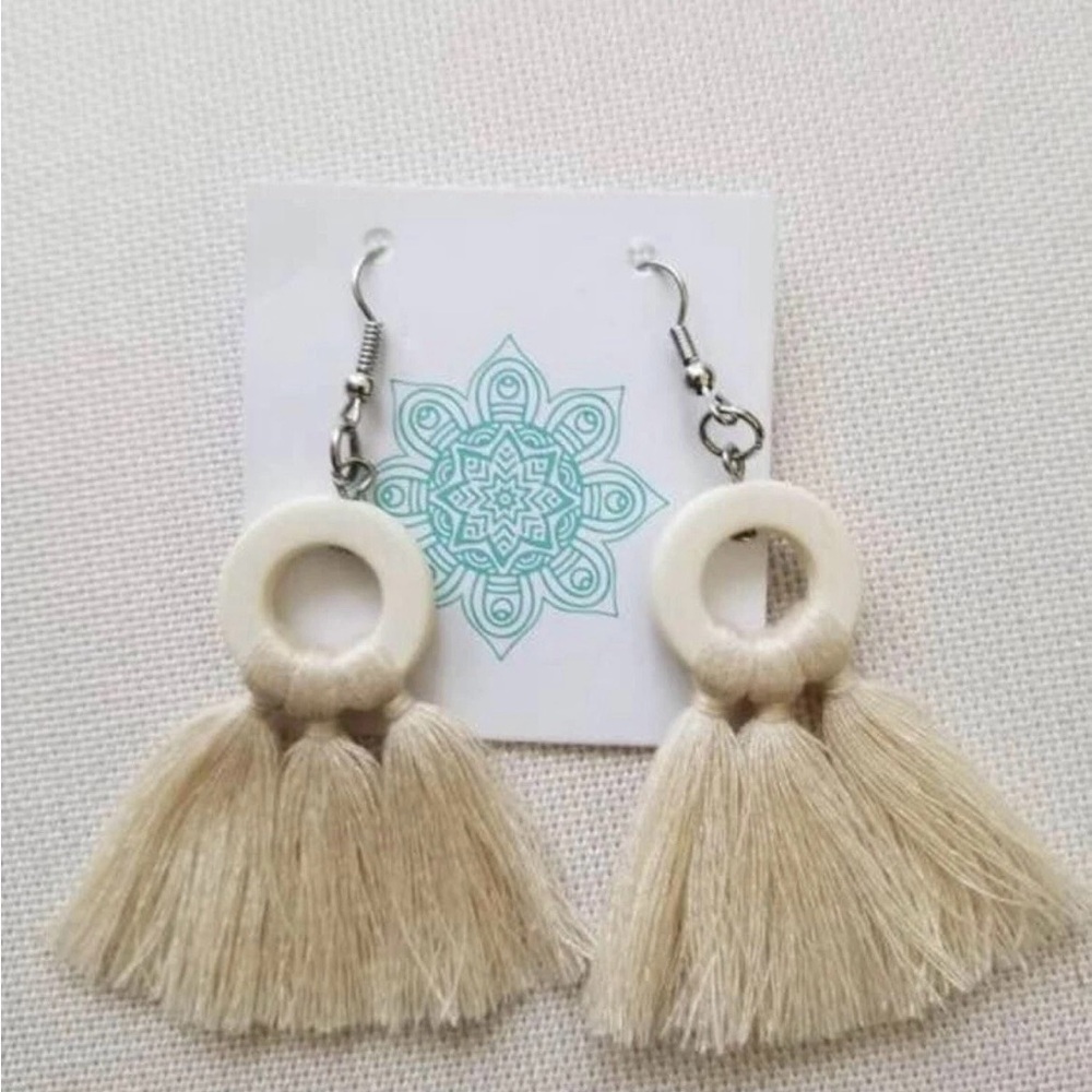Cream Tassel Fringe Earrings with Circular Design Boho Chic NEW